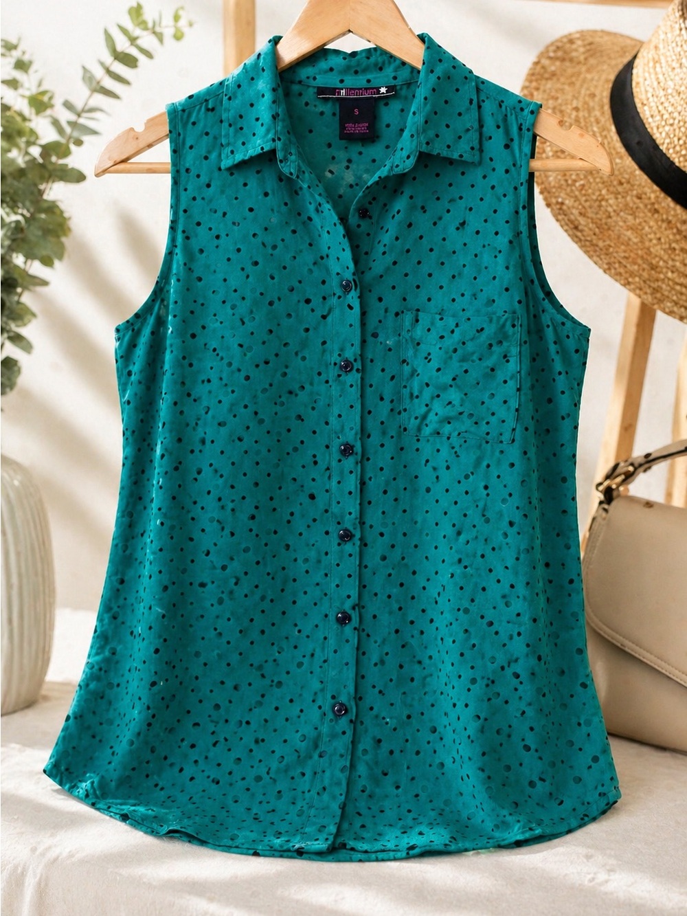Millenium Teal Polka Dot Sleeveless Button Down Blouse Size S
